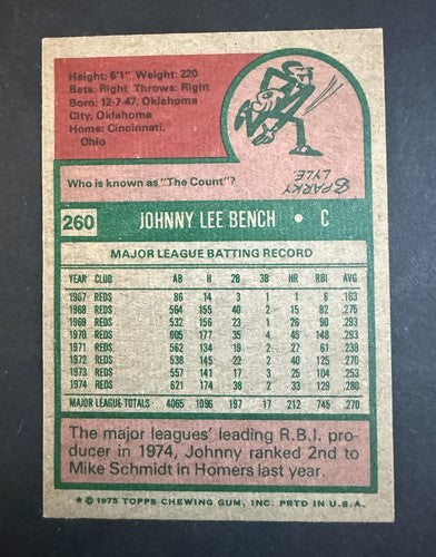 1975 Topps Johnny Bench #260 Beautifully Centered Bright Nm HOF Reds