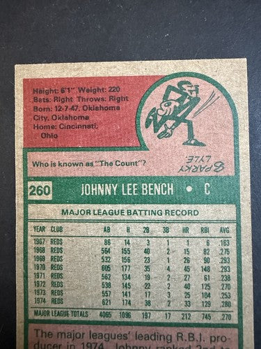 1975 Topps Johnny Bench #260 Beautifully Centered Bright Nm HOF Reds