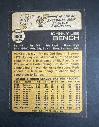 1973 Topps Johnny Bench #380 HOF Cincinnati Reds EX- Nm DEAD CENTERED