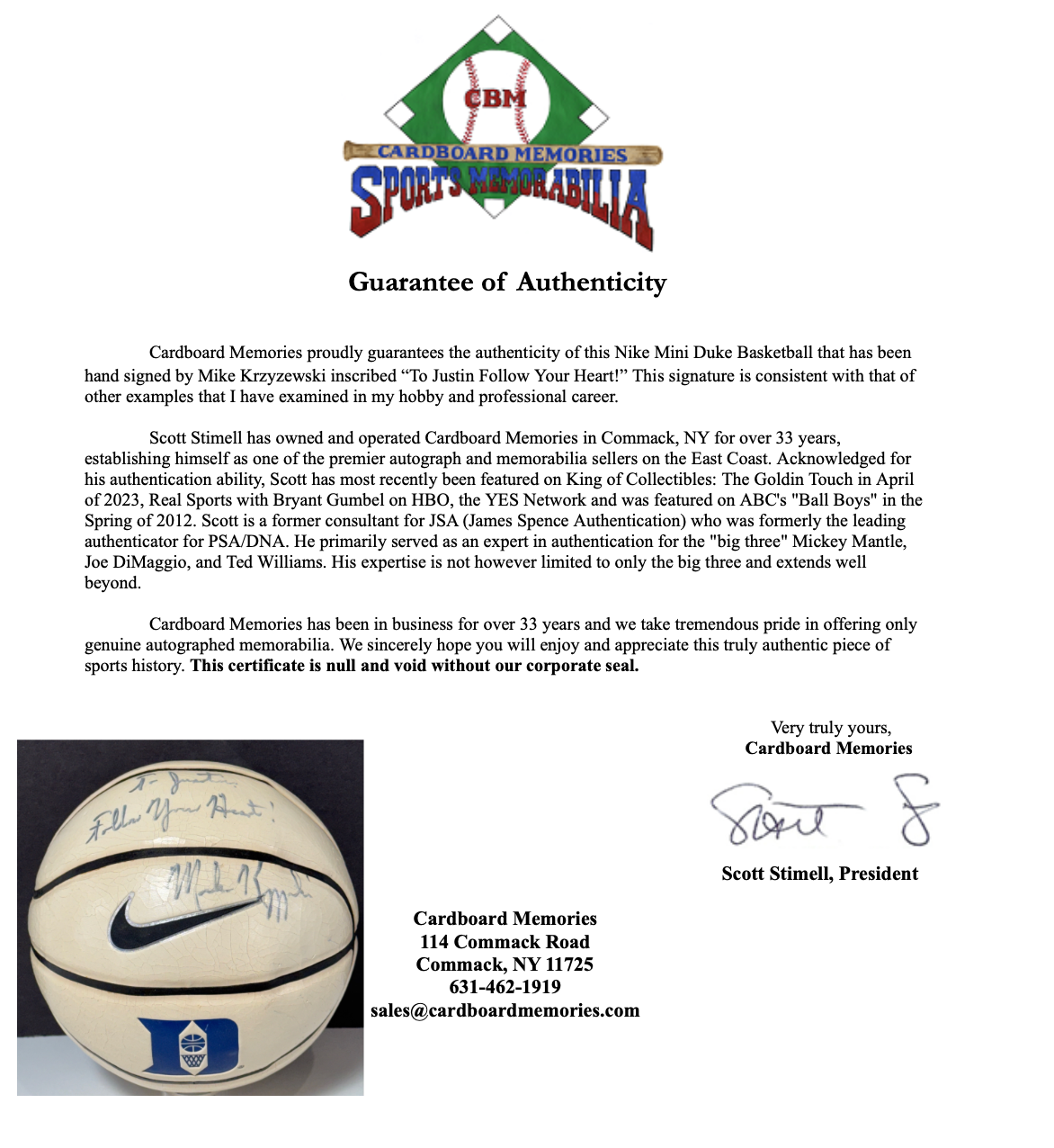 Mike Krzyzewski Coach K Signed Mini Duke Basketball ins To Justin Auto CBM COA