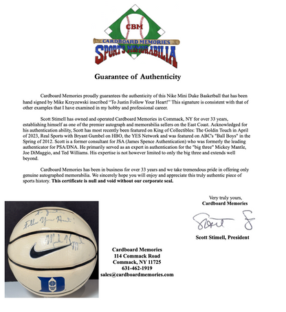 Mike Krzyzewski Coach K Signed Mini Duke Basketball ins To Justin Auto CBM COA