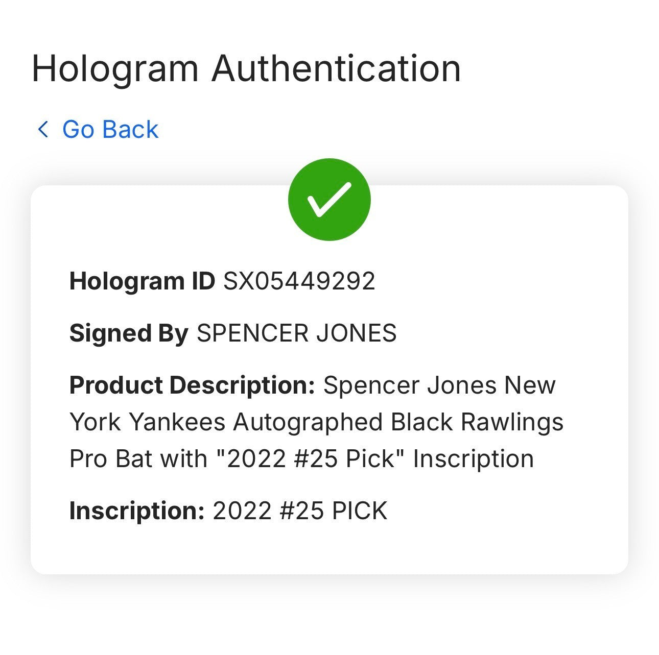 Spencer Jones Yankees Signed Adirondack Pro Bat 2022 #25 Pick Auto Fanatics Coa