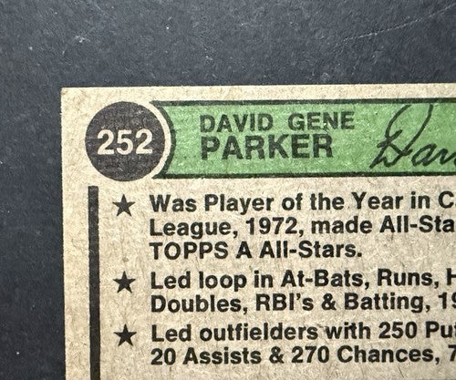 1974 Topps #252 Dave Parker Rookie EX + Dead Centered Nice Pirates HOF Rc