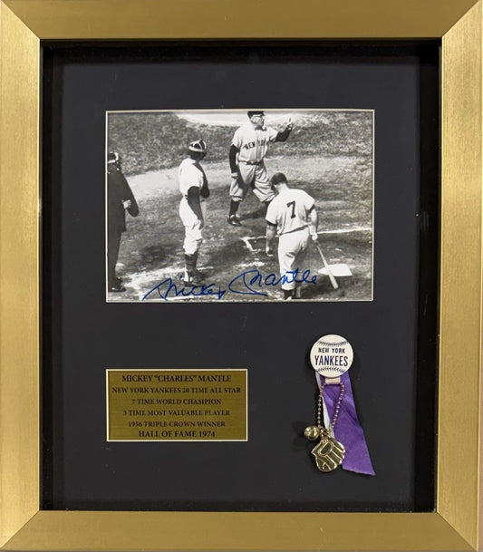 Mickey Mantle Signed 6x8 Original Type 1 Photo Framed Yankees W/Pin HOF Auto PSA