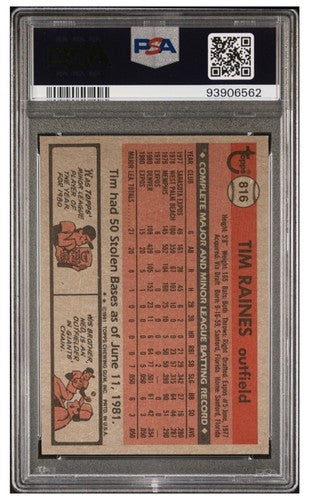 1981 Topps Traded Tim Raines #816 Rookie PSA 9 Mint Beauty HOF Rc Montreal Expos