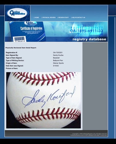 Sandy Koufax Signed Official Nl Stat HOF Baseball /12 Online Authentics Steiner