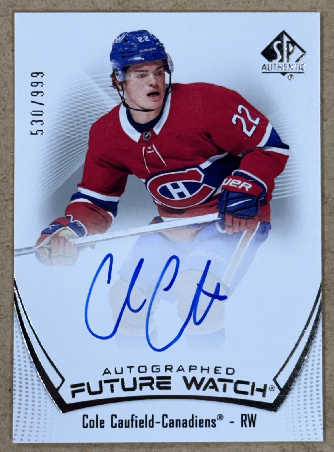 2021 SP Authentic Hockey Cole Caufield Future Watch RC Auto /999 Canadiens MINT