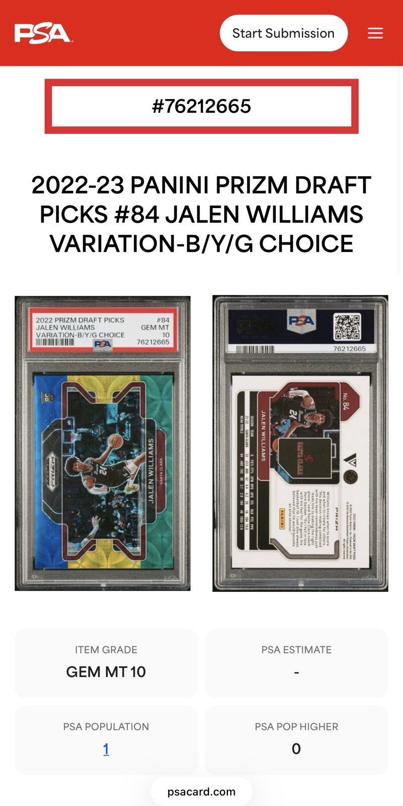 2022 Prizm Draft Picks #84 Jalen Williams Santa Clara Graded PSA 10 GEM MINT RC