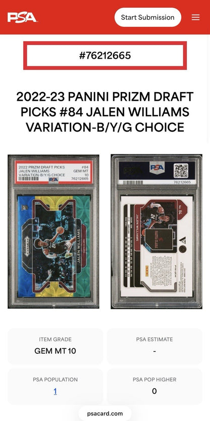 2022 Prizm Draft Picks #84 Jalen Williams Santa Clara Graded PSA 10 GEM MINT RC