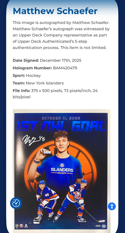 Matthew Schaefer Islanders Signed 16x20 Framed 1st NHL Goal Photo Auto UDA COA