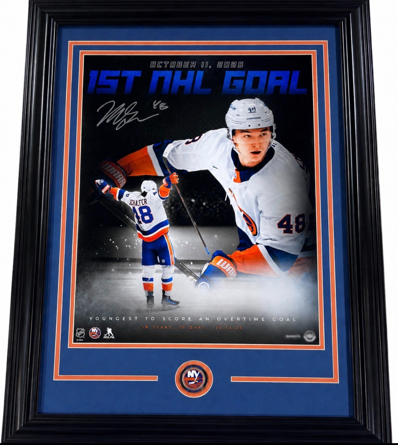 Matthew Schaefer Signed NY ISLANDERS 16x20 Framed 1st OT Goal Photo Auto UDA COA