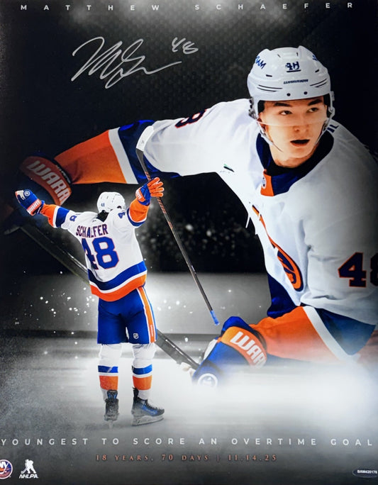 Matthew Schaefer Signed NY ISLANDERS 16x20 Framed 1st OT Goal Photo Auto UDA COA