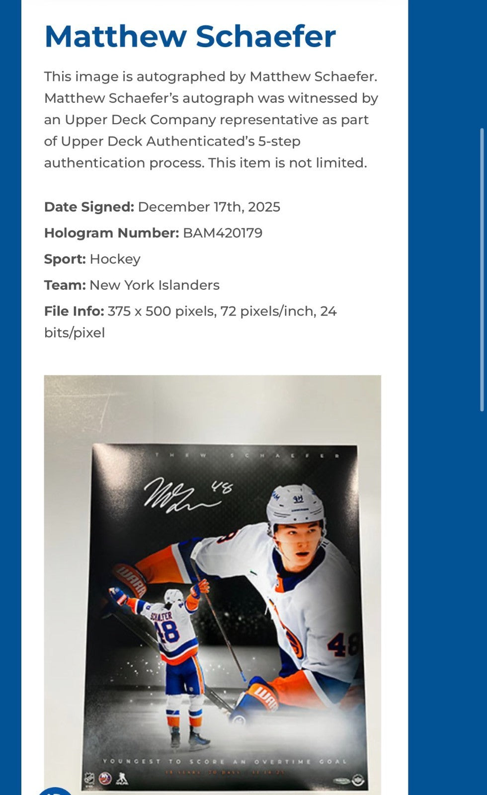Matthew Schaefer Signed NY ISLANDERS 16x20 Framed 1st OT Goal Photo Auto UDA COA