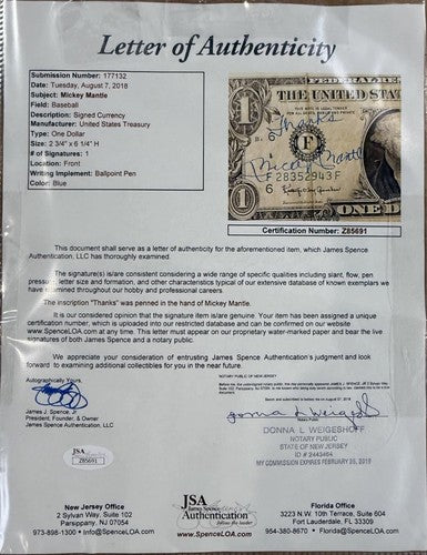 Mickey Mantle Yankees Signed 1963 Dollar Bill Framed 8x10 Photo Thanks Auto JSA