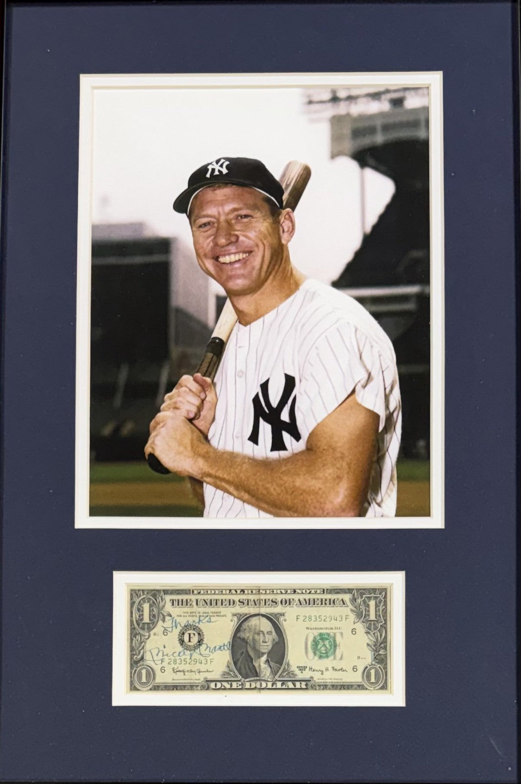 Mickey Mantle Yankees Signed 1963 Dollar Bill Framed 8x10 Photo Thanks Auto JSA