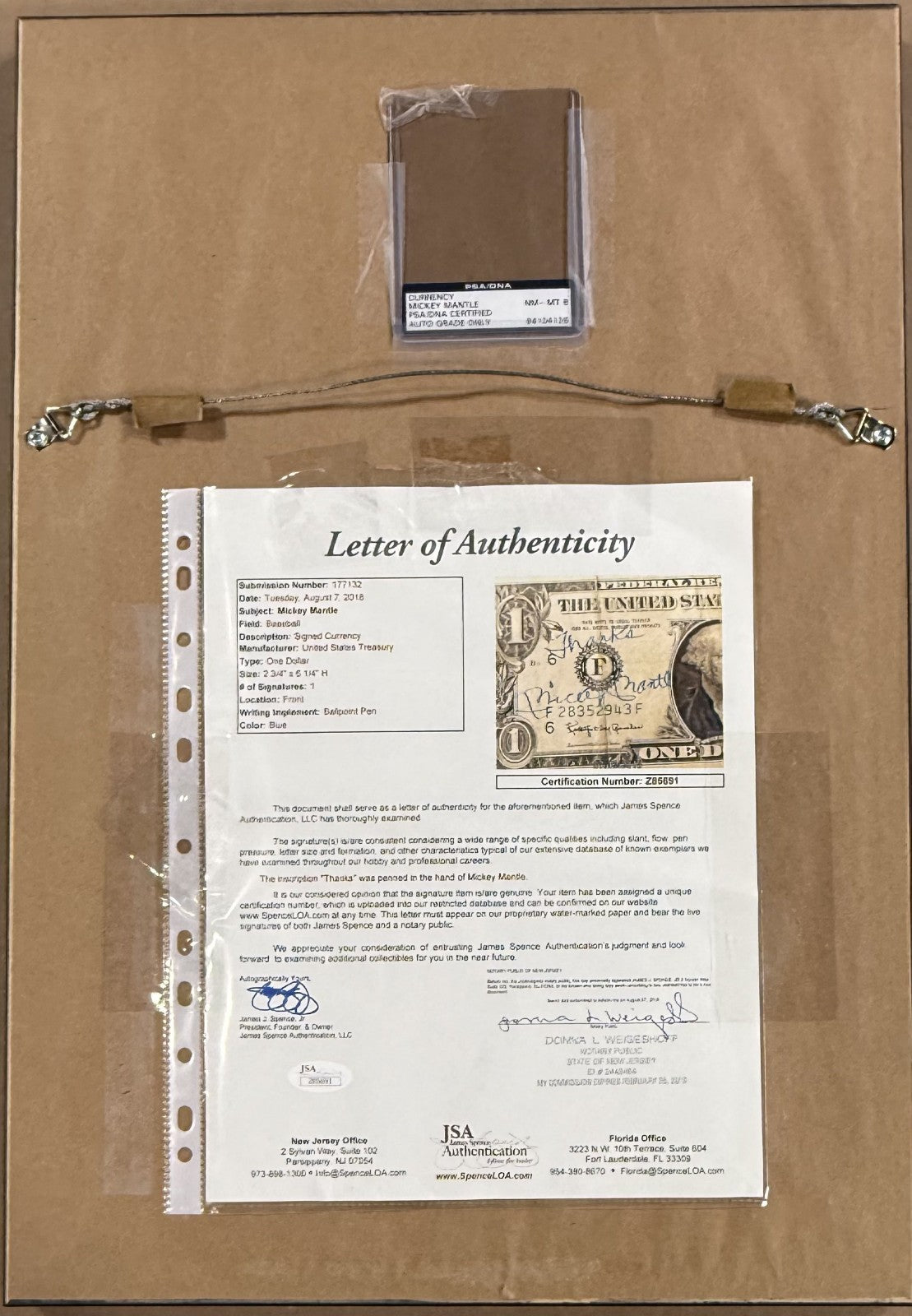 Mickey Mantle Yankees Signed 1963 Dollar Bill Framed 8x10 Photo Thanks Auto JSA