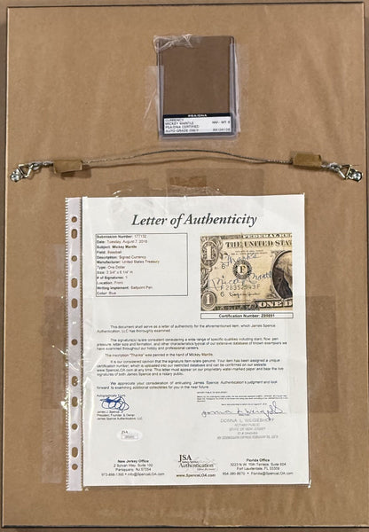 Mickey Mantle Yankees Signed 1963 Dollar Bill Framed 8x10 Photo Thanks Auto JSA