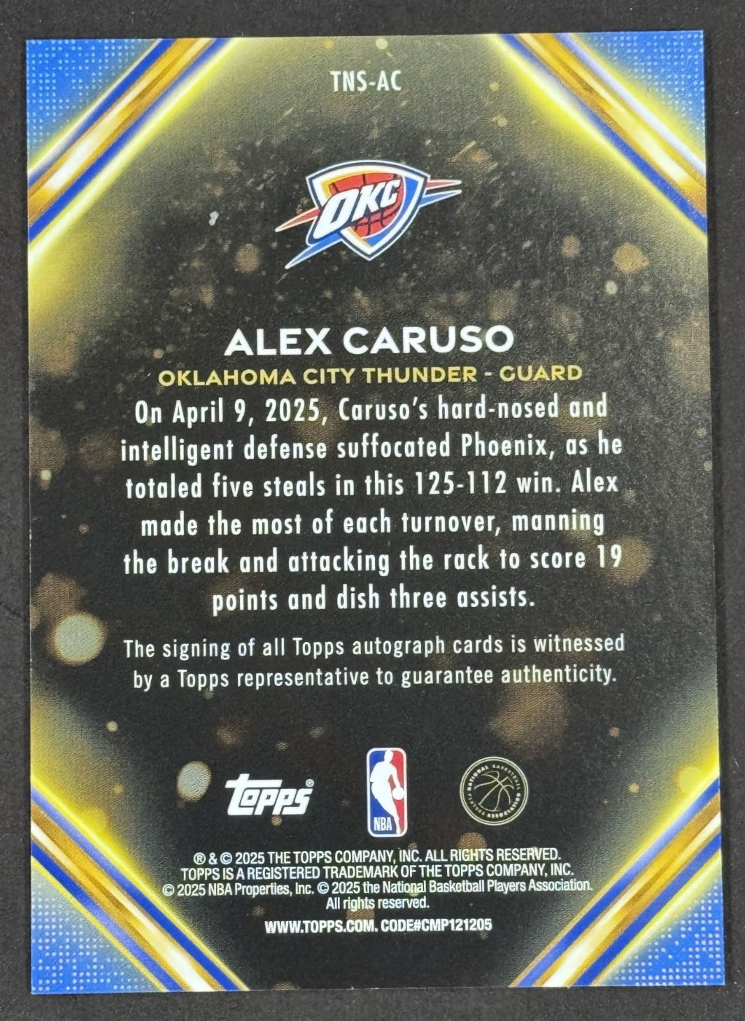 2025-26 Topps Alex Caruso Notch Signatures Auto #TNS-AC OKC Thunder Mint
