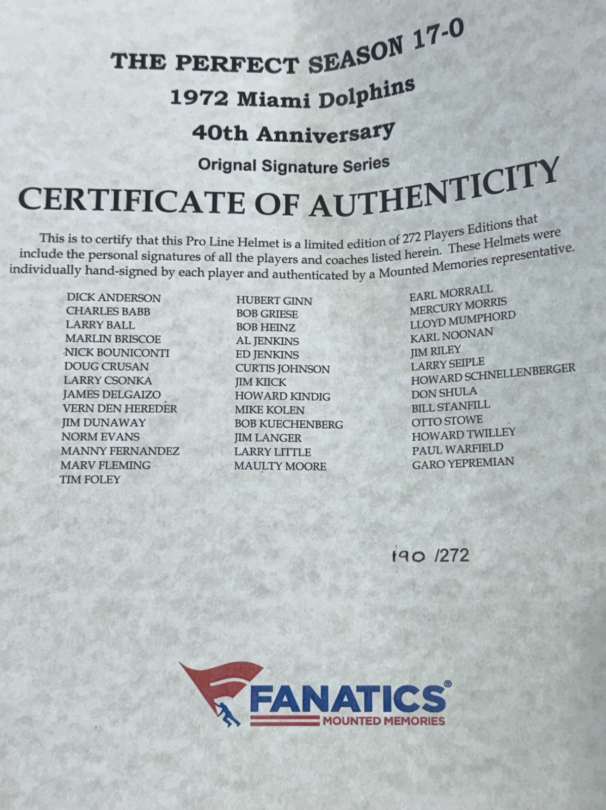 1972 Miami Dolphins Team Signed 40 Auto Proline Auth Helmet LE/272 Fanatics COA