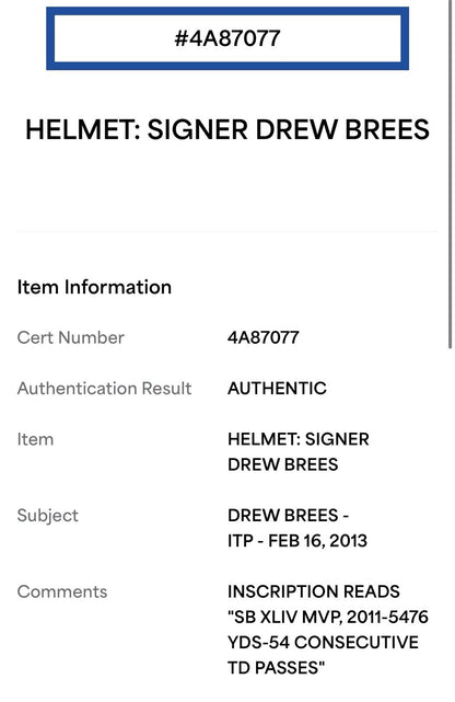 Drew Brees Signed Riddell Proline Authentic FS Helmet 3 Stat Auto PSA COA Saints