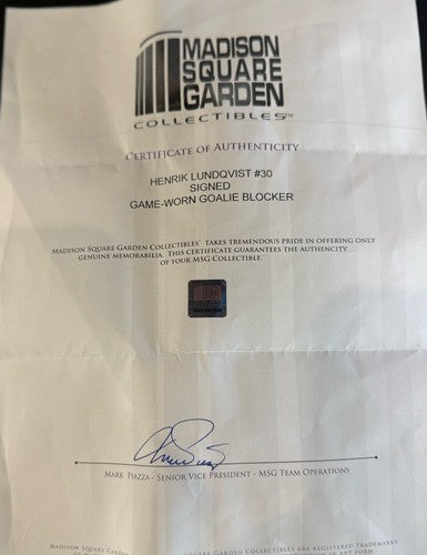 Henrik Lundqvist Ny Rangers Signed  Game Used Blocker Glove MSG Holo Certified