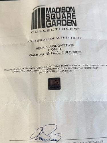 Henrik Lundqvist Ny Rangers Signed  Game Used Blocker Glove MSG Holo Certified