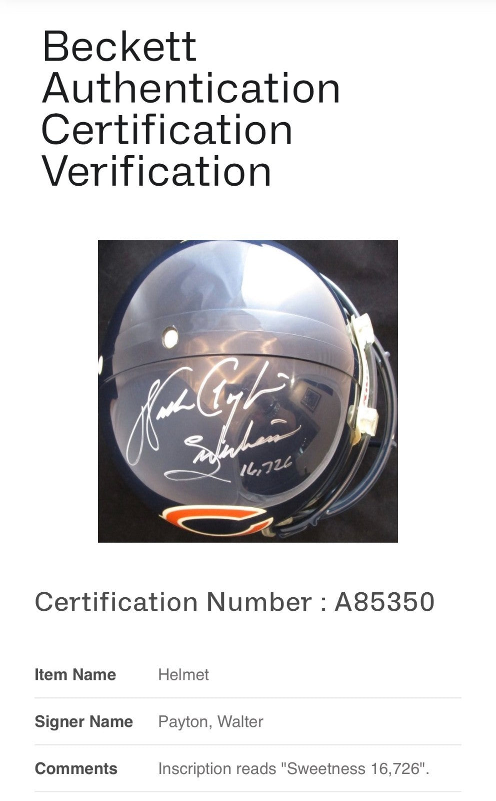 Walter Payton Signed Proline Auth Helmet Sweetness 16,726 Auto BAS COA Bears HOF