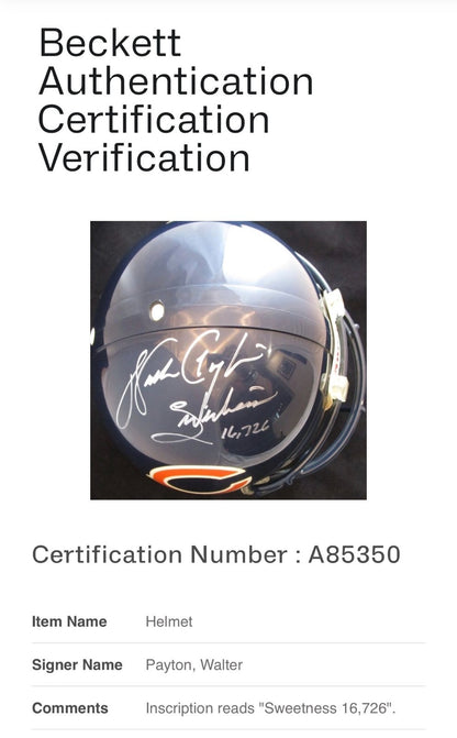 Walter Payton Signed Proline Auth Helmet Sweetness 16,726 Auto BAS COA Bears HOF