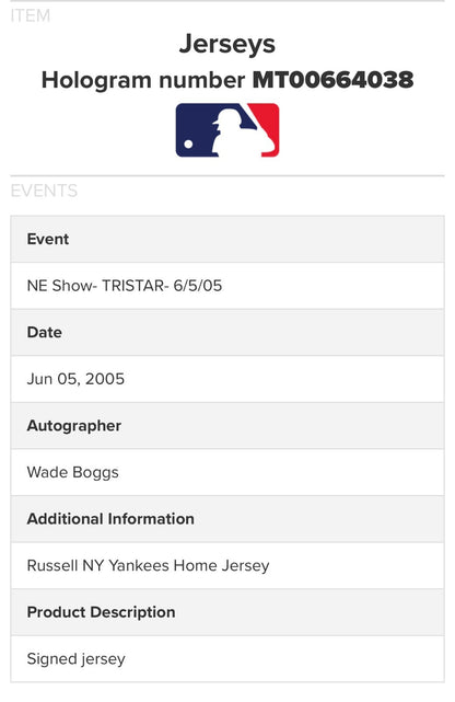Wade Boggs Signed Majestic Authentic Red Sox 5 Stat Jersey HOF Auto Tristar MLB