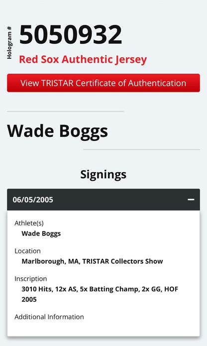 Wade Boggs Signed Majestic Authentic Red Sox 5 Stat Jersey HOF Auto Tristar MLB