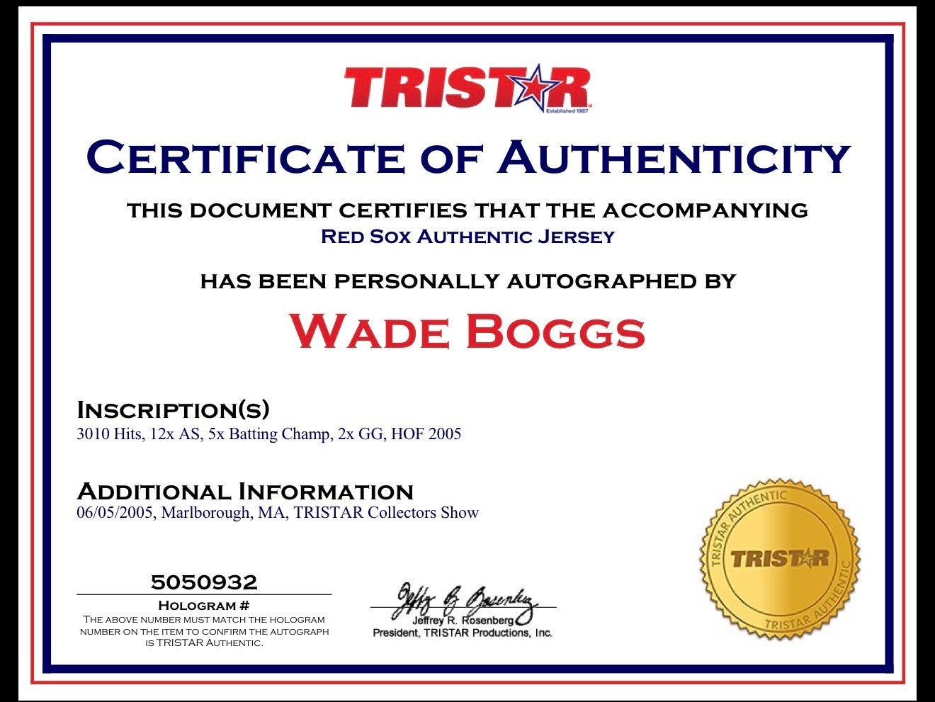 Wade Boggs Signed Majestic Authentic Red Sox 5 Stat Jersey HOF Auto Tristar MLB