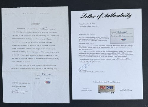 1991 Muhammad Ali  Signed Original Contract 1/1 Auto Sports Impressions PSA Loa