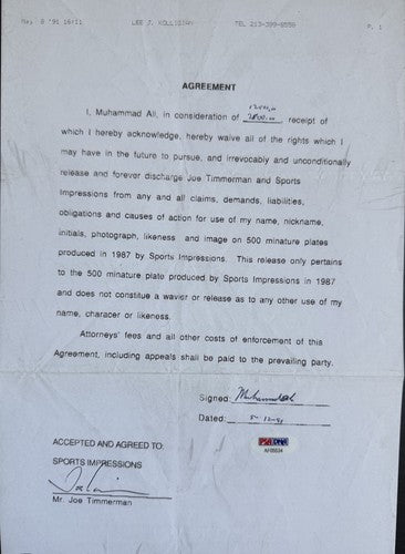 1991 Muhammad Ali  Signed Original Contract 1/1 Auto Sports Impressions PSA Loa