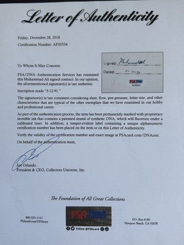 1991 Muhammad Ali  Signed Original Contract 1/1 Auto Sports Impressions PSA Loa