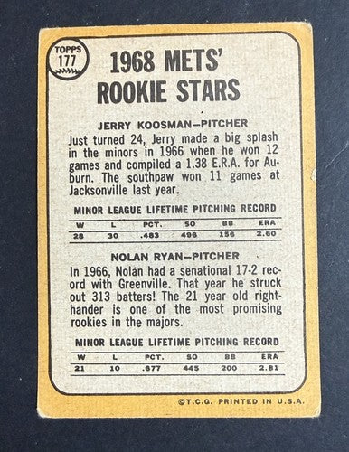 1968 Topps Nolan Ryan Jerry Koosman #177 Rookie Stars RC Ny Mets Centered