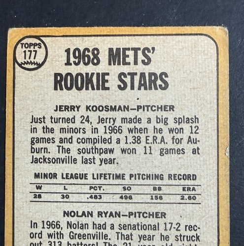 1968 Topps Nolan Ryan Jerry Koosman #177 Rookie Stars RC Ny Mets Centered