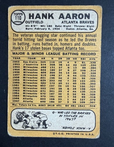 1968 Topps #110 Hank Aaron Low Grade But DEAD CENTERED FRONT & Back HOF Braves