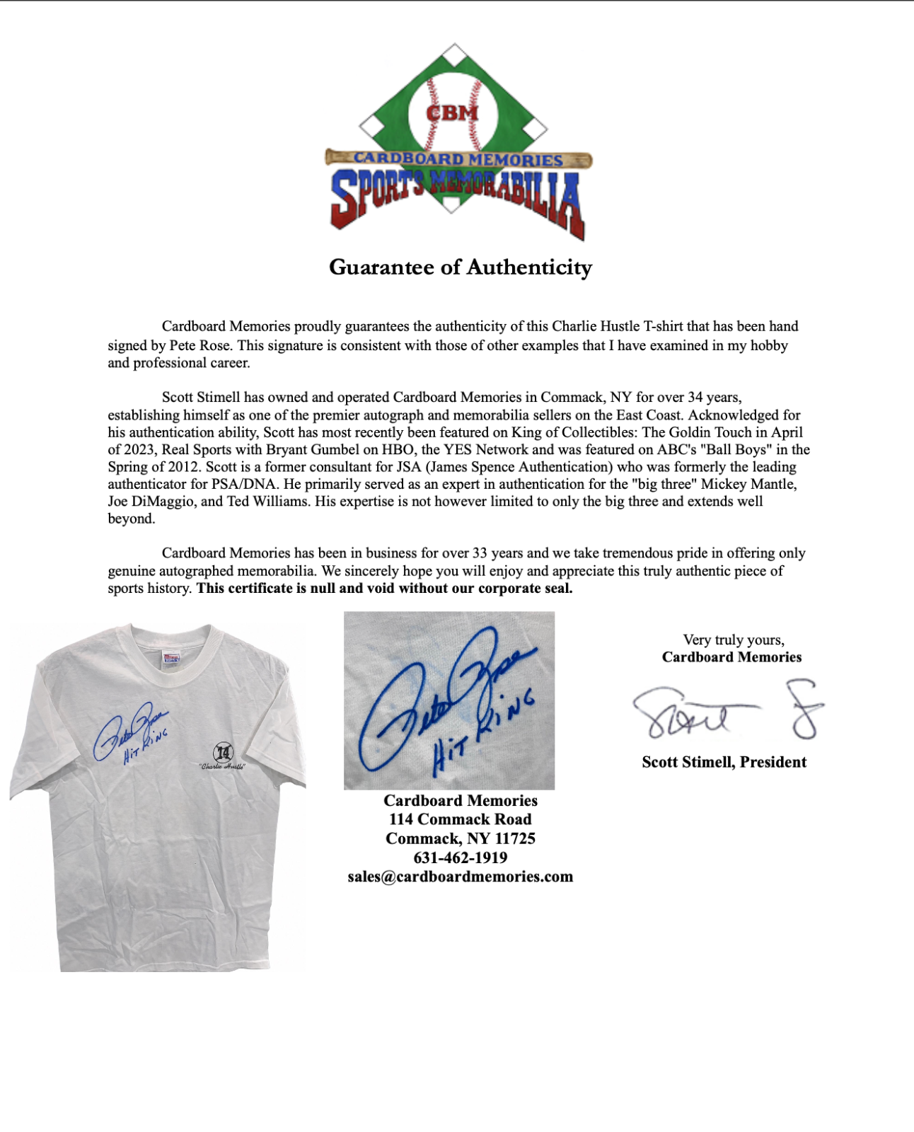 Pete Rose Signed BallPark Cafe Charlie Hustle T Shirt Hit King Auto CBM COA