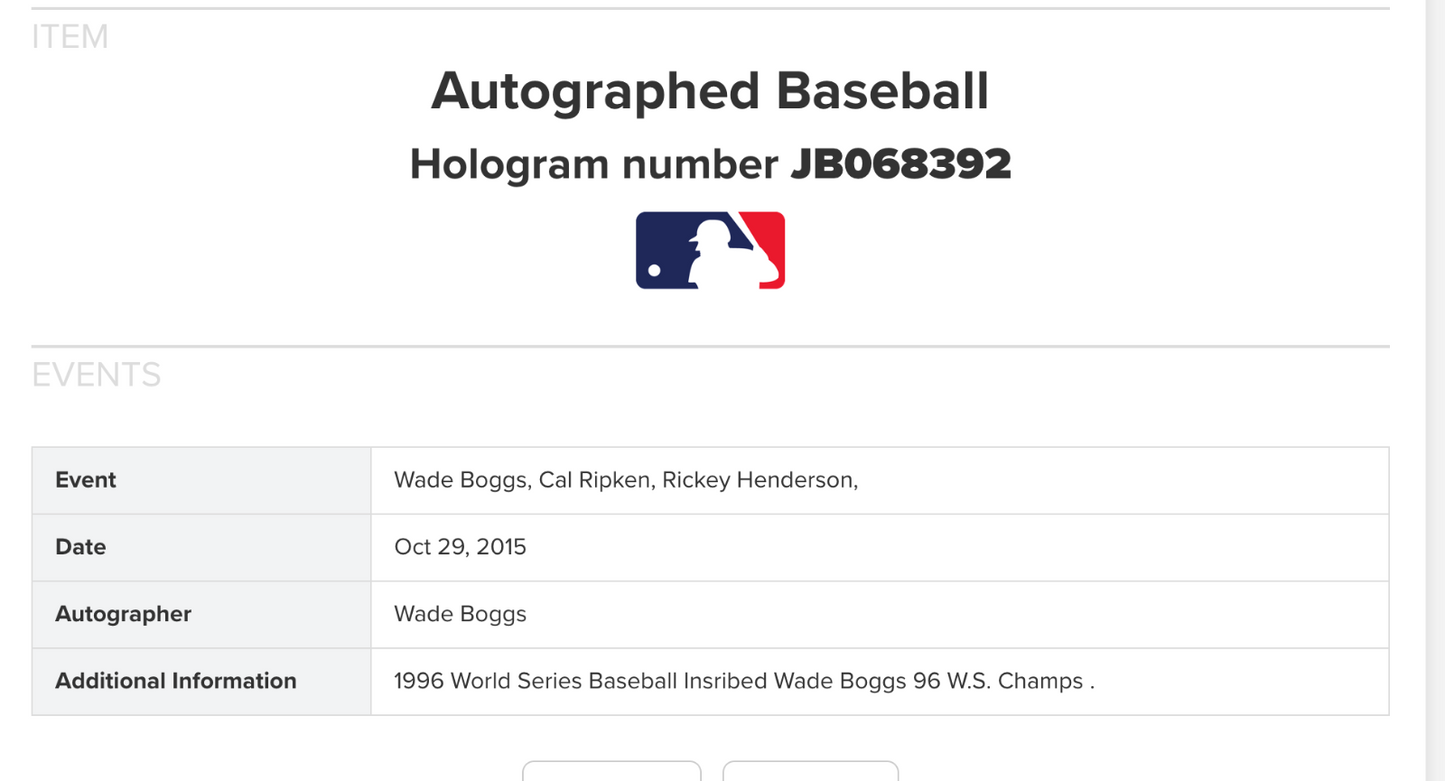 Wade Boggs Signed 1996 World Series Baseball WS Champs Auto Steiner MLB Yankees