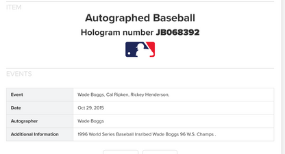 Wade Boggs Signed 1996 World Series Baseball WS Champs Auto Steiner MLB Yankees