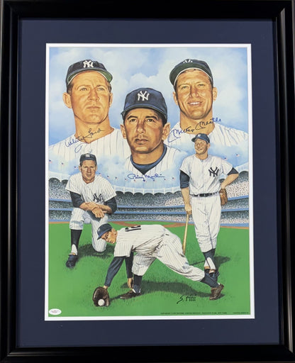 Mickey Mantle Whitey Ford Billy Martin Signed 19x25 Litho Framed Yankee Auto JSA