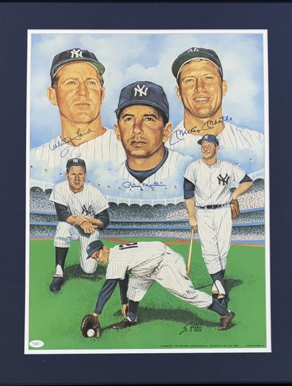 Mickey Mantle Whitey Ford Billy Martin Signed 19x25 Litho Framed Yankee Auto JSA