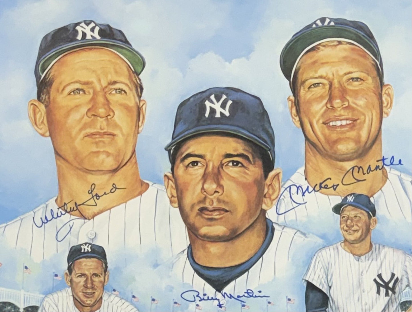 Mickey Mantle Whitey Ford Billy Martin Signed 19x25 Litho Framed Yankee Auto JSA