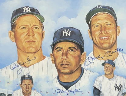 Mickey Mantle Whitey Ford Billy Martin Signed 19x25 Litho Framed Yankee Auto JSA