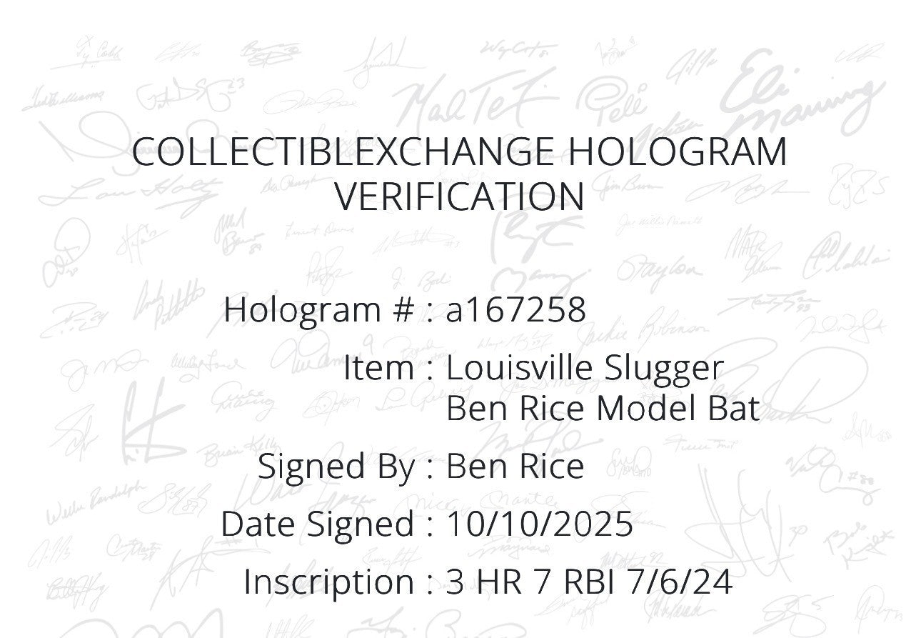 Ben Rice Signed Louisville Slugger Game Model Bat Yankees 3 Hr 7rbi Auto CX COA