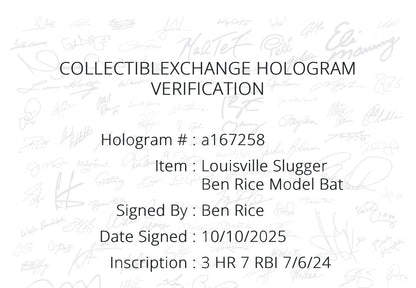 Ben Rice Signed Louisville Slugger Game Model Bat Yankees 3 Hr 7rbi Auto CX COA
