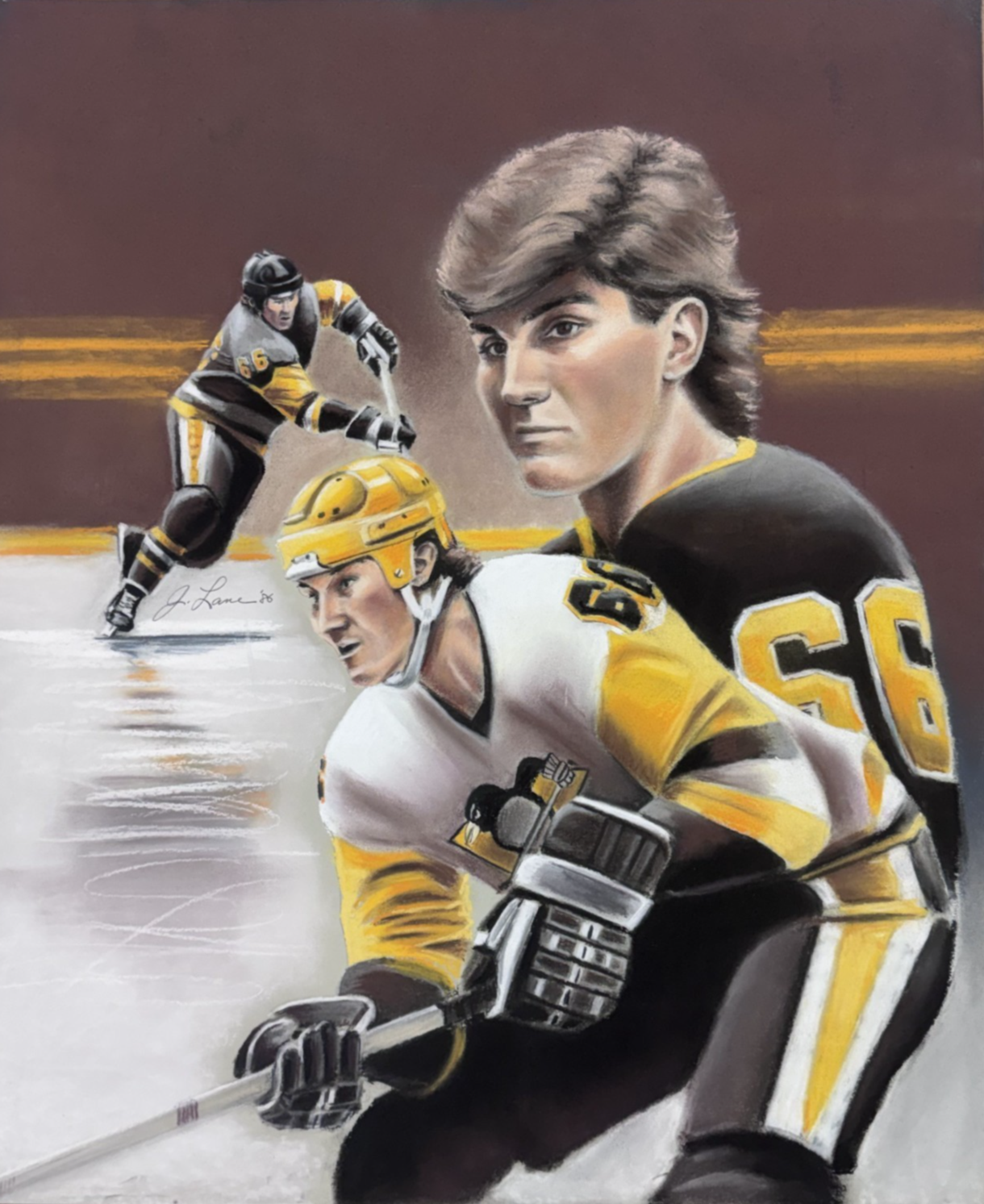 Original Jack Lane 20x24 Mario Lemieux Chalk Painting Pittsburgh Penguins 1/1