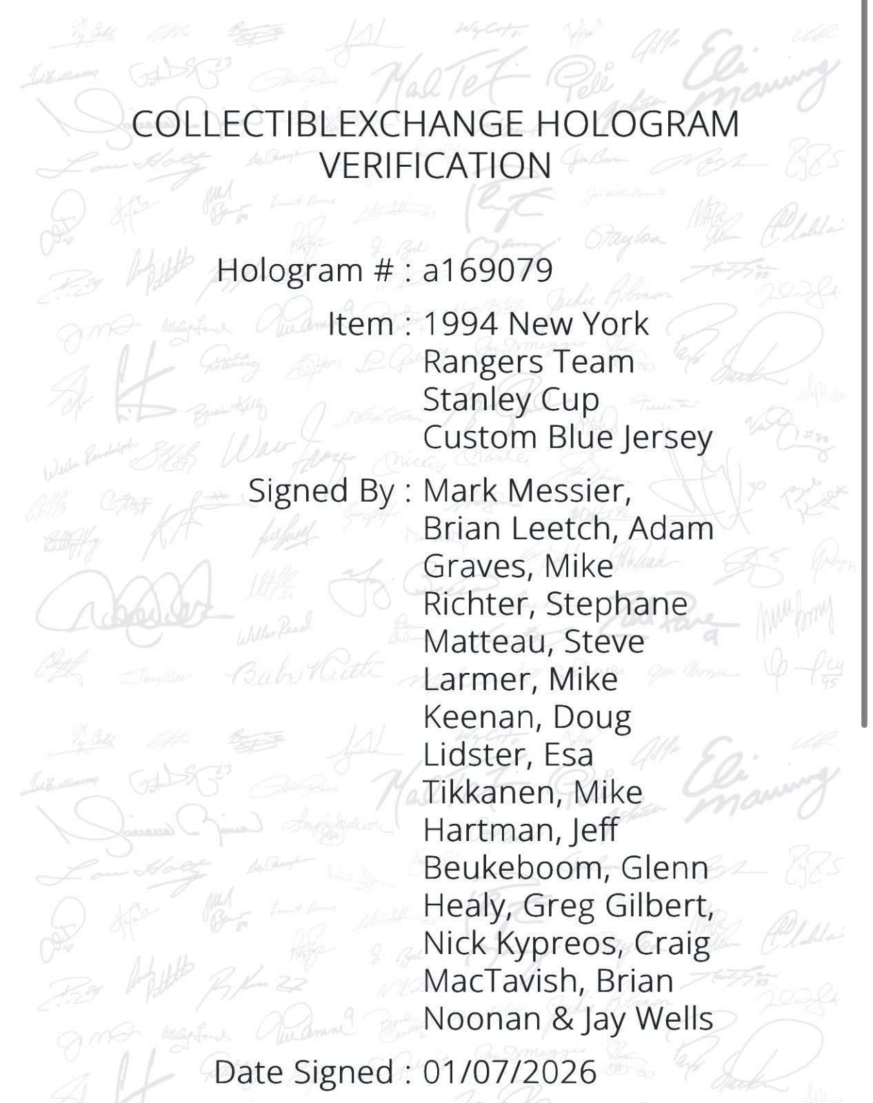 Ny Rangers 1994 Stanley Cup Team Signed Jersey 17 Auto Mark Messier Steiner Coa