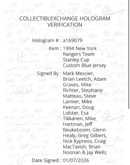 Ny Rangers 1994 Stanley Cup Team Signed Jersey 17 Auto Mark Messier Steiner Coa