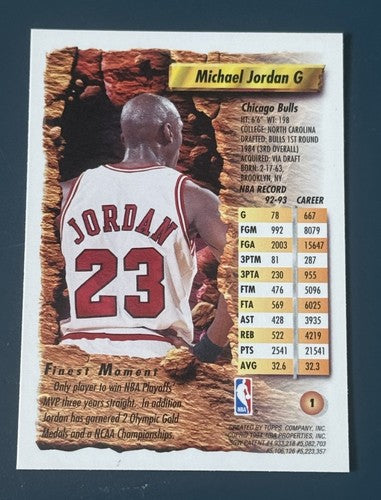 1993 Topps Finest Michael Jordan #1 Basketball Trading Card MINT HOF Bulls